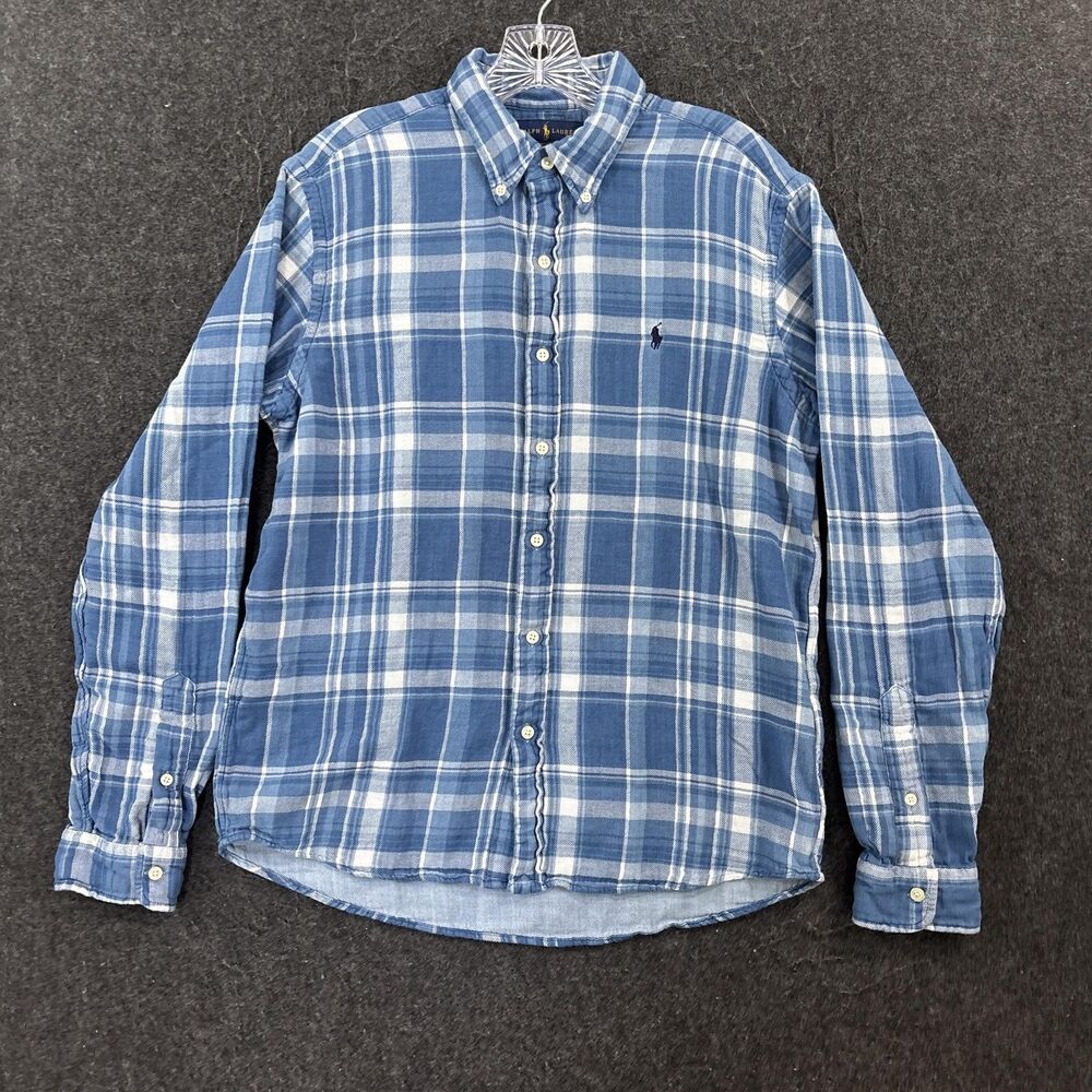 Ralph Lauren RL Untucked Fit Shirt Men's Medium Blue Plaid Classic Indigo Cotton